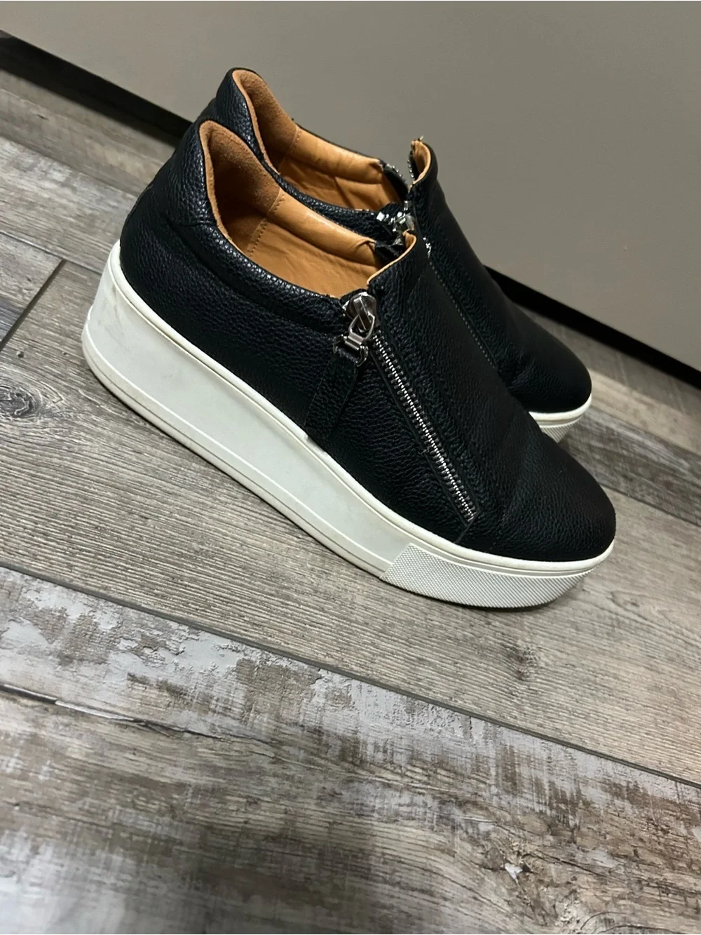 Woolworths Black Leather double Zip-Top Platform Sneakers